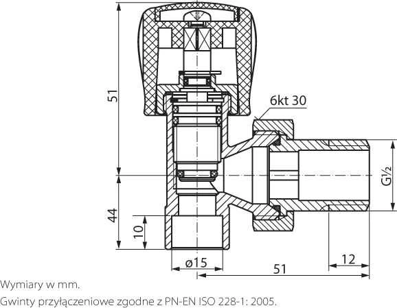 „Perfexim“ kampinis 1/2 colio radiatoriaus tiekimo vožtuvas, litavimui PHA-032/L G1/2x15 (20-032-0100-200)