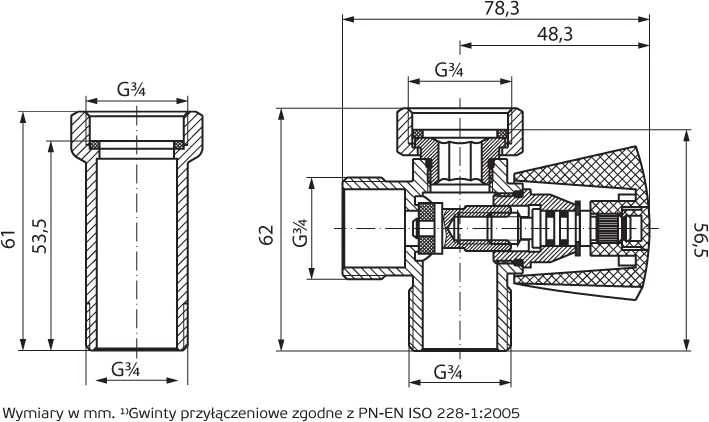 Perfexim Kampinis vožtuvas su prailgintuvu 3/4''x3/4''x3/4'' (02-014-0200-001)