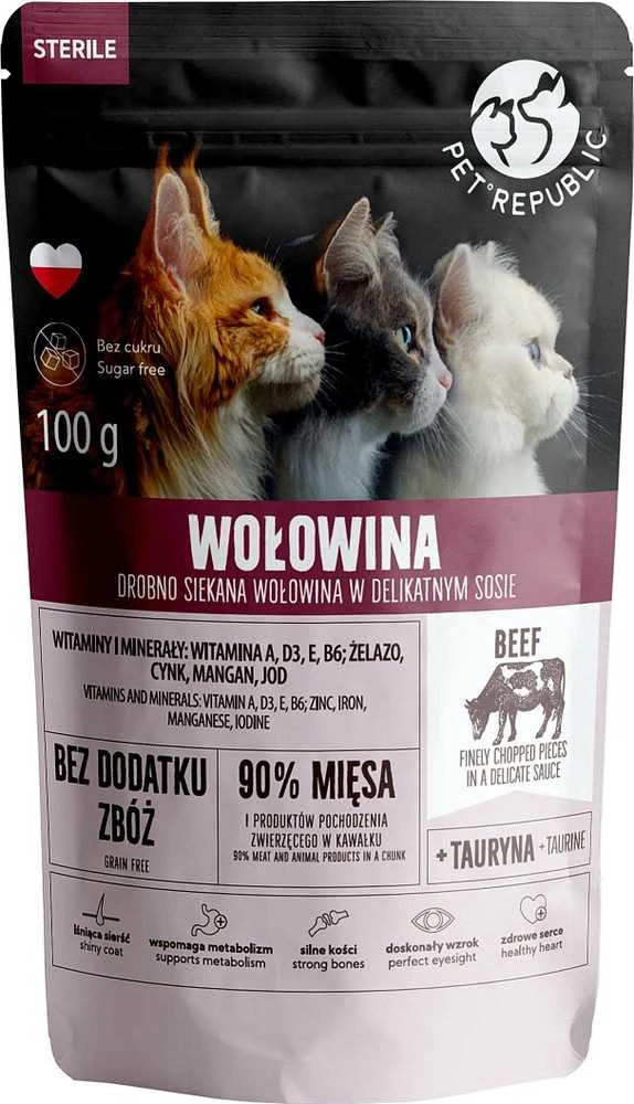 PET REPUBLIC Sterile Jautiena smulkiai pjaustyta – drėgno kačių ėdalo- 100 g