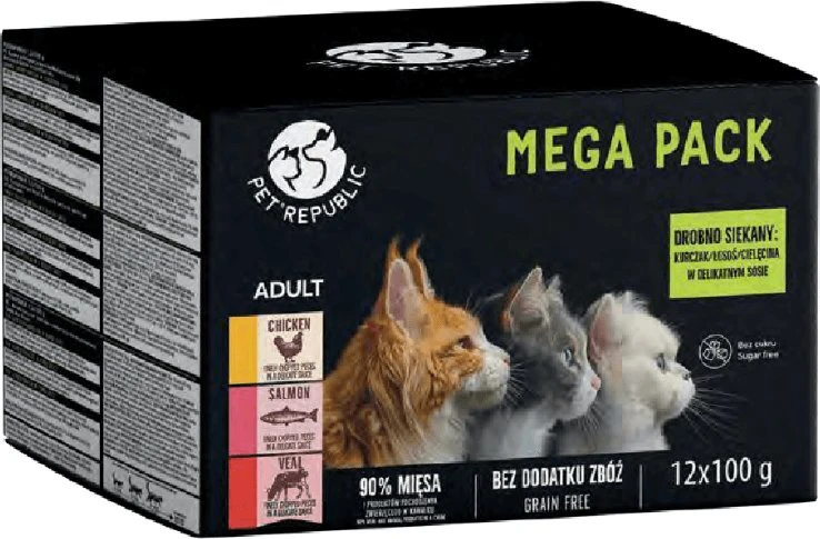 Pet Republic PETREPUBLIC Mega Pack vištiena, lašiša, veal – šlapias kačių maistas – 12x100g