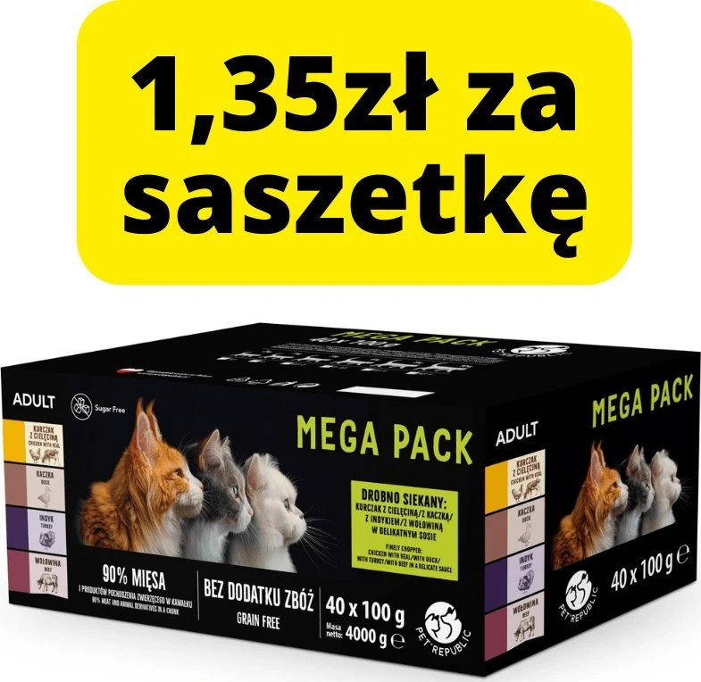 Pet Republic PETREPUBLIC Mega Pack vištiena with veal, duck, kalakutiena, jautiena – šlapias kačių maistas – 40x100g