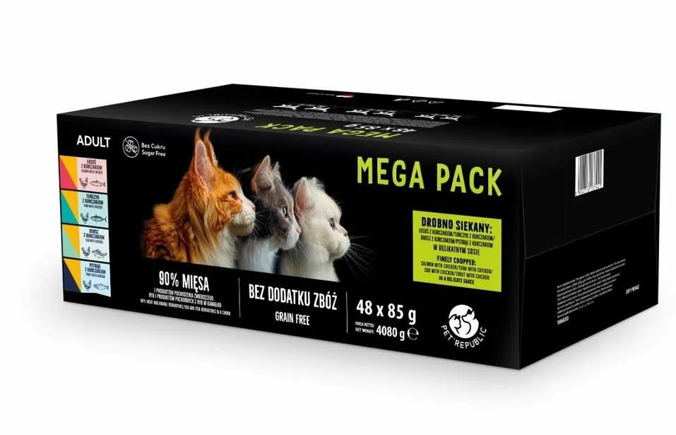 Pet Republic PETREPUBLIC Mega Pack lašiša, vištiena, Tuna, Cod, upėtakis – šlapias kačių maistas – 48x85g