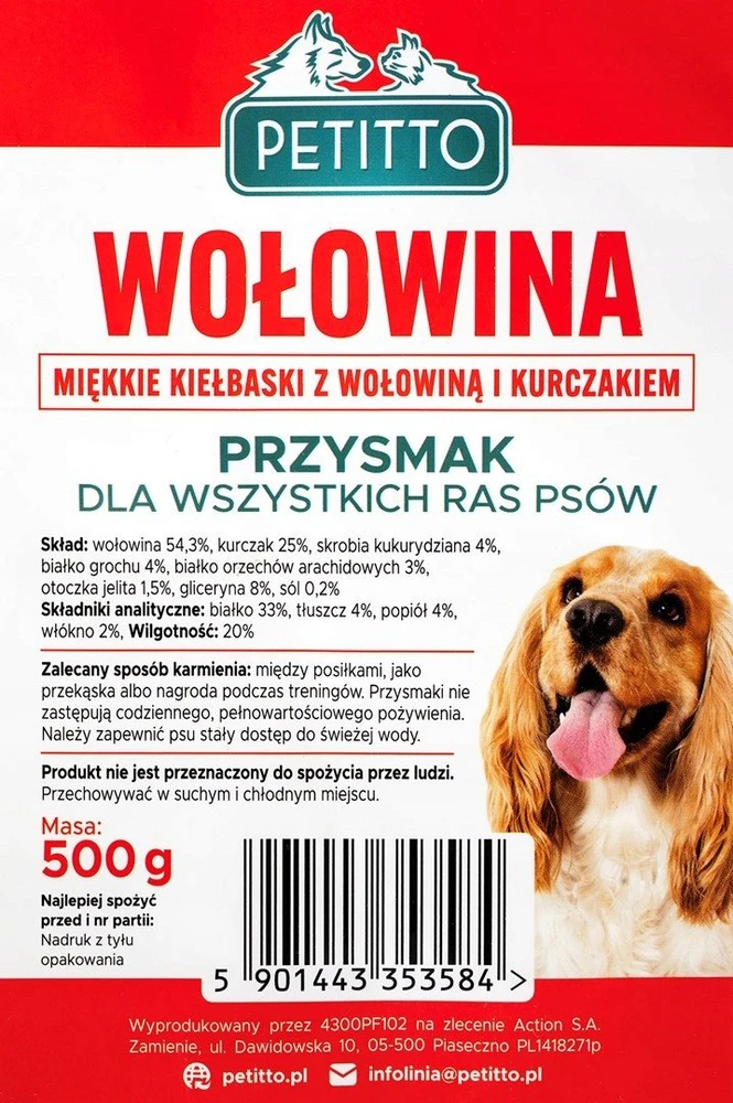 PETITTO minkšti kiełbaski su jautiena - skanėstas šuniui - 500g