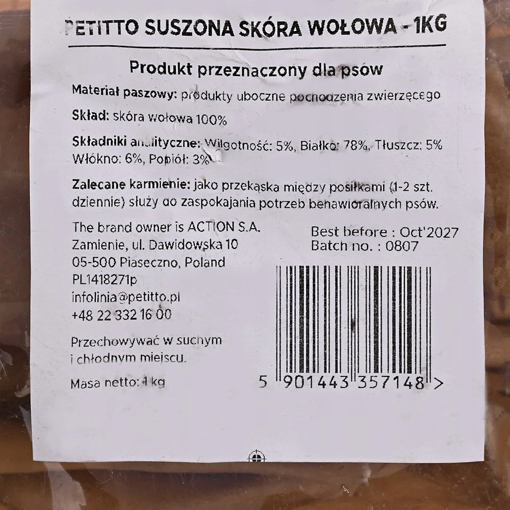 PETITTO Dried jautiena skin – skanėstas šuniui – 1kg