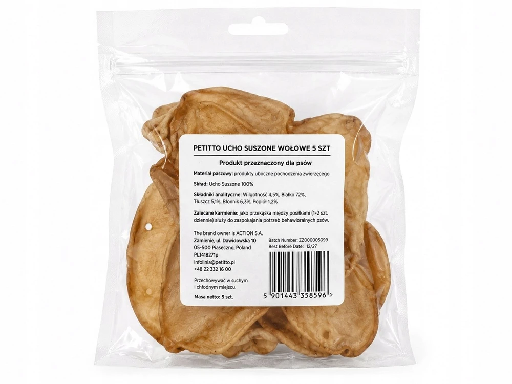 PETITTO Dried jautiena ear Mono – skanėstas šuniui – 5 vnt.