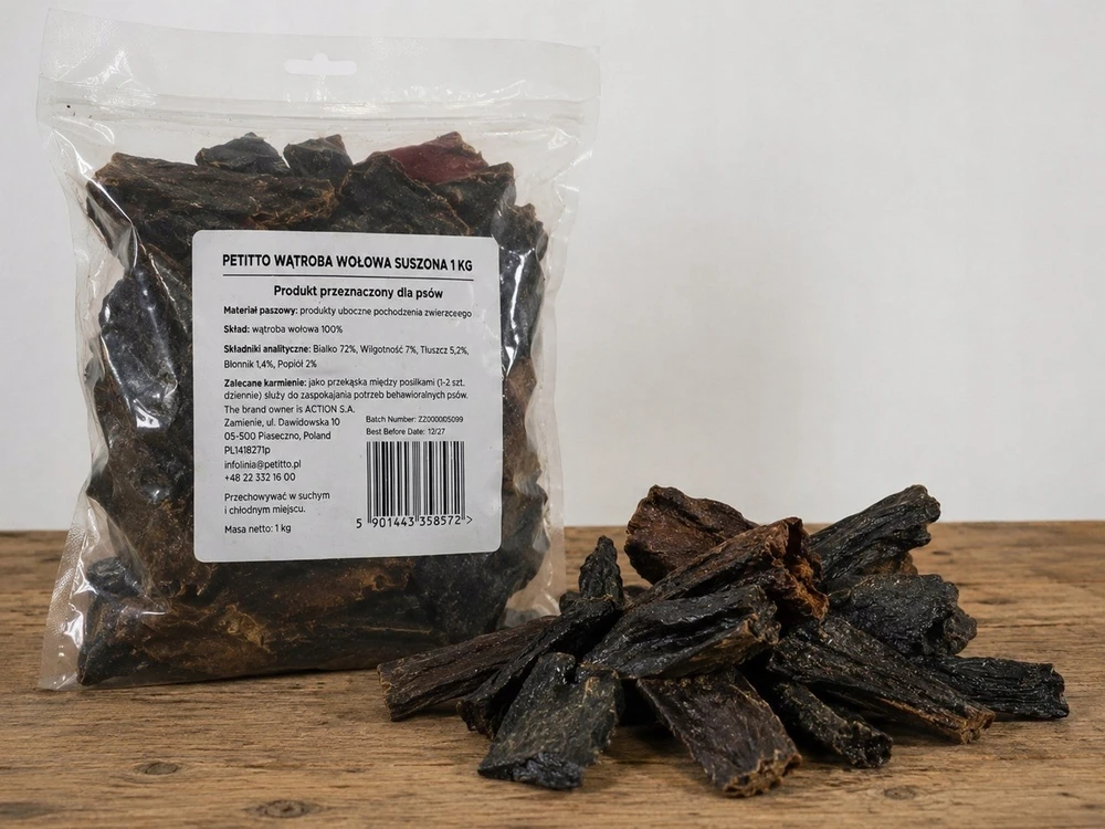 PETITTO Dried jautiena liver Mono – skanėstas šuniui – 1kg