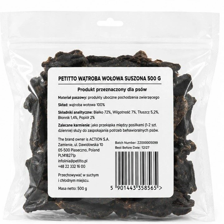PETITTO Dried jautiena liver Mono – skanėstas šuniui – 500g