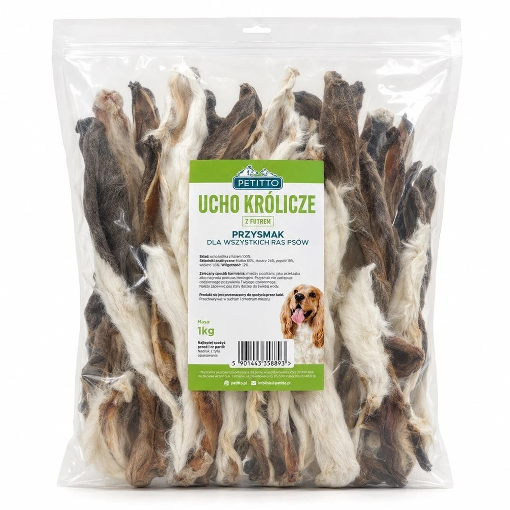 PETITTO triušienos ausys su kailiu Mono – šunų skanėstas – 1kg