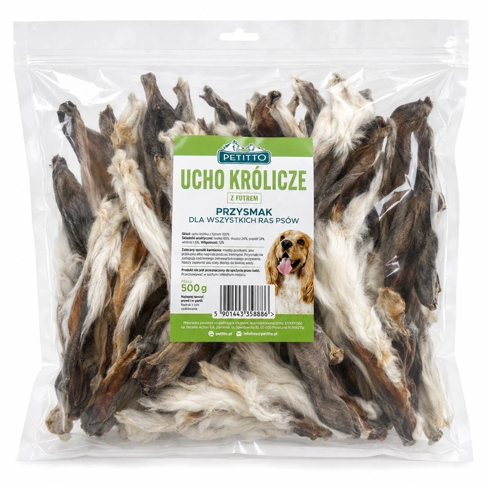 PETITTO triušienos ausis su kailiu Mono – šunų skanėstas – 500g