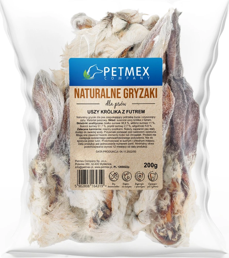 Gyvūnų skanėstas - PETMEX Triušio ausys su pūkais (200g, be grūdų, hipoalergiškas)