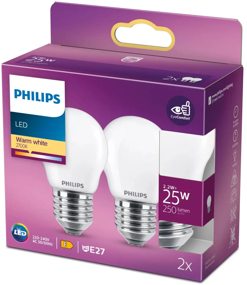 Philips LED Classic LED bulb 250 lm 2.2 W 2700 K P45 E27, 2-pack