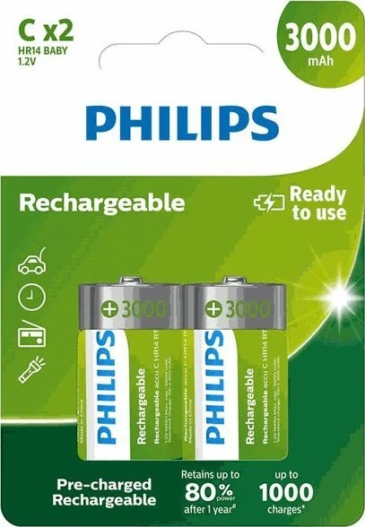 Philips C tipo akumuliatoriai 3000mAh (2 vnt. pakuotė)