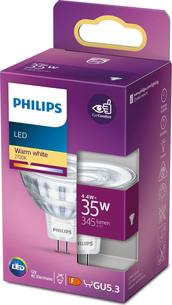 Philips 8719514307629, 4,4 W, 35 W, GU5.3, 345 lm, 15 000 h, šiltai balta