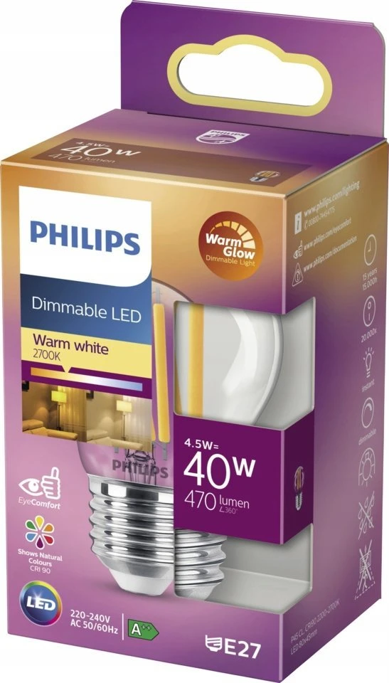 LED lemputė PHILIPS, P45, E27, 3,4 W, 470 lm, 2200–2700 K