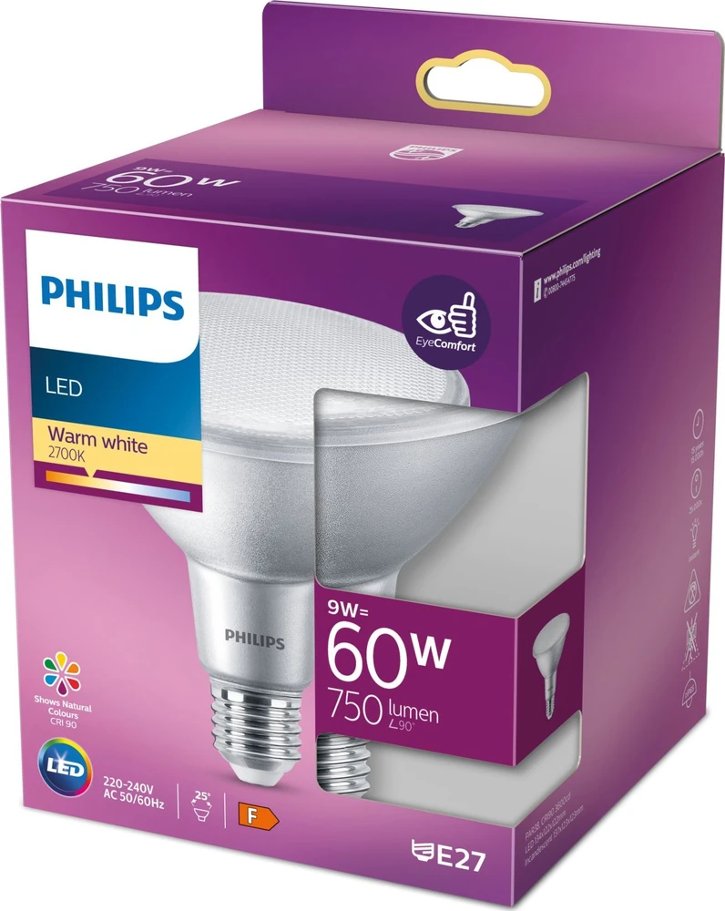 Philips Reflektorius 60W PAR38 E27, 9 W, 60 W, E27, 750 lm, 15000 val., Šiltai balta