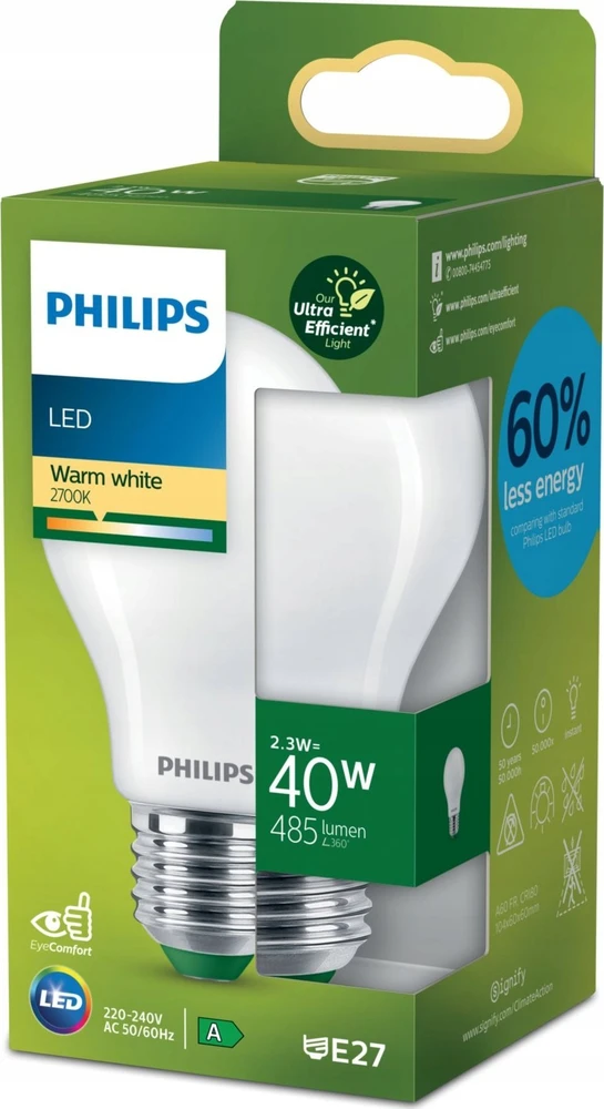 Philips LEMPUTĖ LED E27 A60 2.3W 2700K 485LM MAT