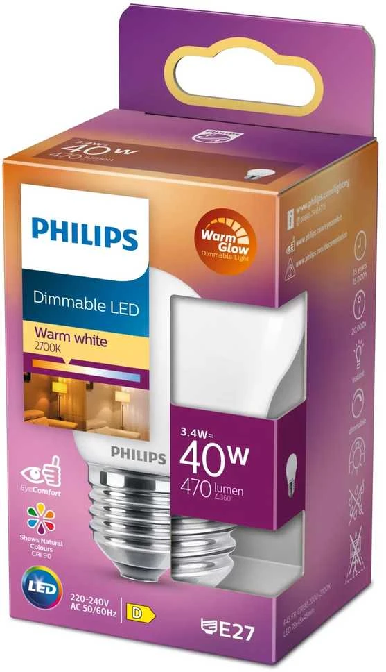 Philips LEMPUTĖ LED E27 P45 3.4W 822-827K 470LM DIM