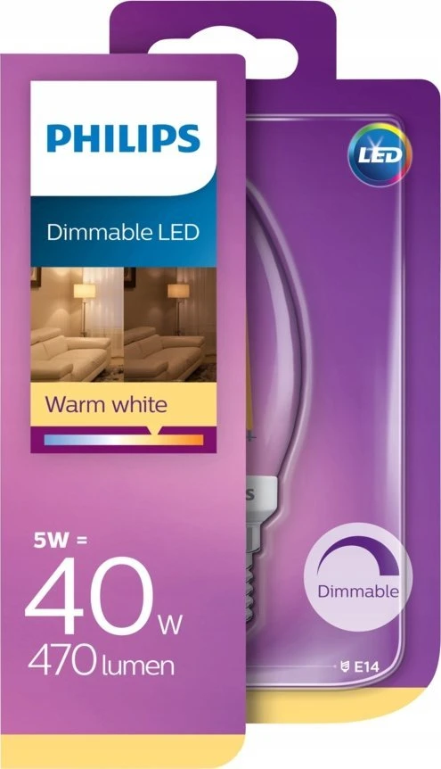 „Philips Warm Glow“ LED žvakė, E14, 470 lm, 2200–2700 K, reguliuojamas pritemdymas