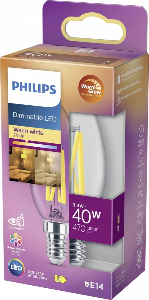 „Philips Warm Glow“ LED žvakė, E14, 470 lm, 2200–2700 K, reguliuojamas pritemdymas