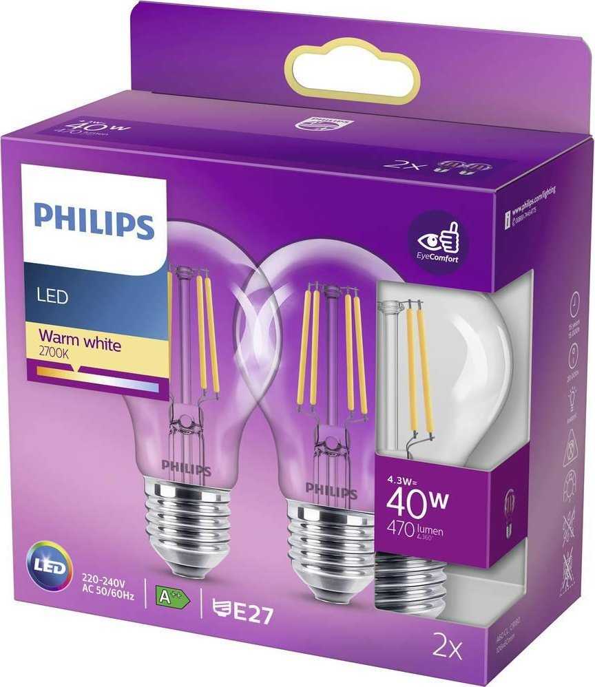 Philips Żarówka LED E27, 4.3W, 470lm, 2700K 2 vnt.