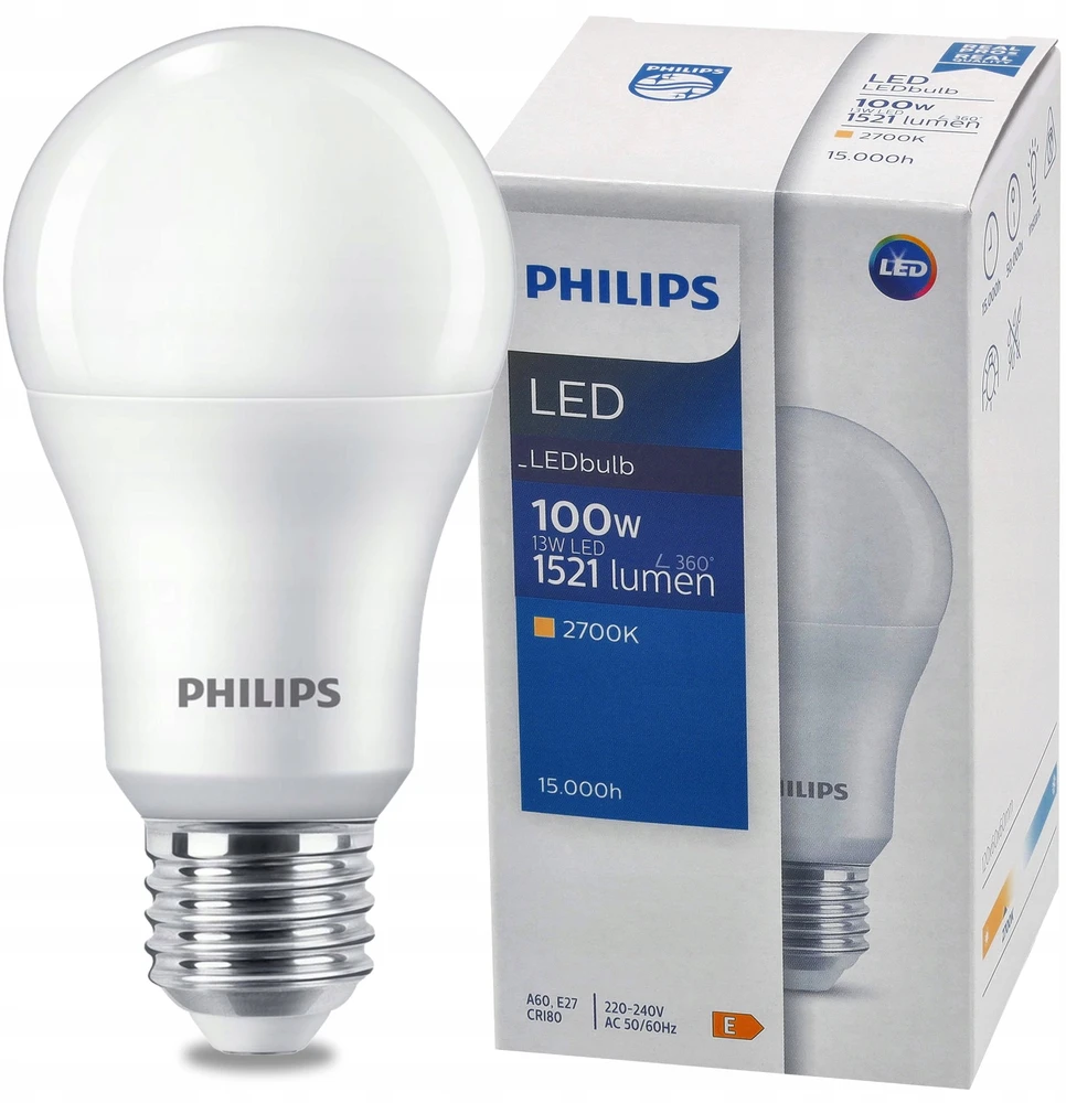 Philips Ecofit LED lemputė 13 W pakaitinė 100 W 1521 lm 2700 K LED lemputė ND 13–100 W A60 E27 827 1CT 2 metų garantija