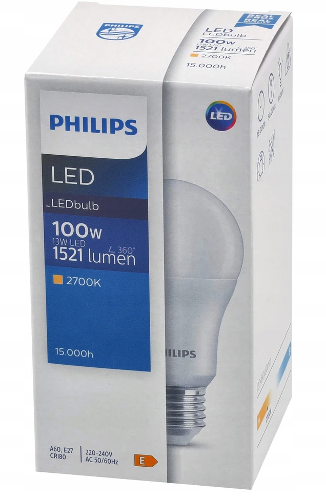 Philips Ecofit LED lemputė 13 W pakaitinė 100 W 1521 lm 2700 K LED lemputė ND 13–100 W A60 E27 827 1CT 2 metų garantija