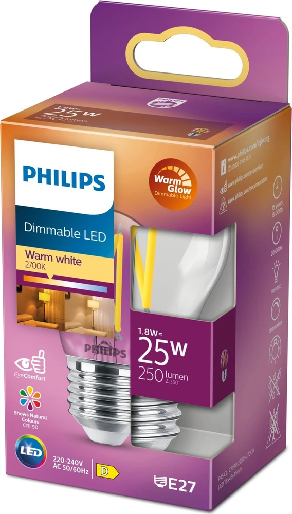 Philips Skaidri žvakė su kaitrinėmis siūlėmis 25 W P45 E27, 2,5 W, 25 W, E27, 340 lm, 15 000 h, šiltai švytinti