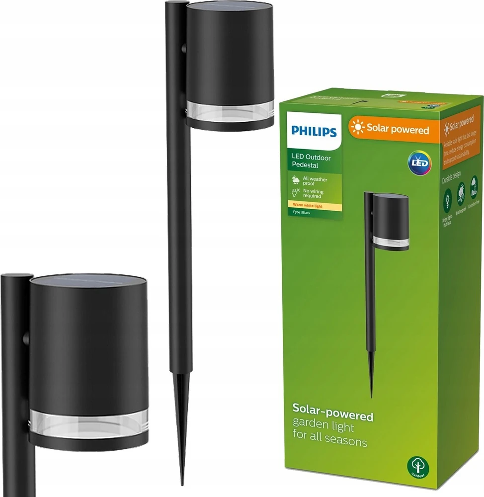 Philips Fyce Trädgårdslampa Rak Solcell Ultra Efficient LED 200lm Svart