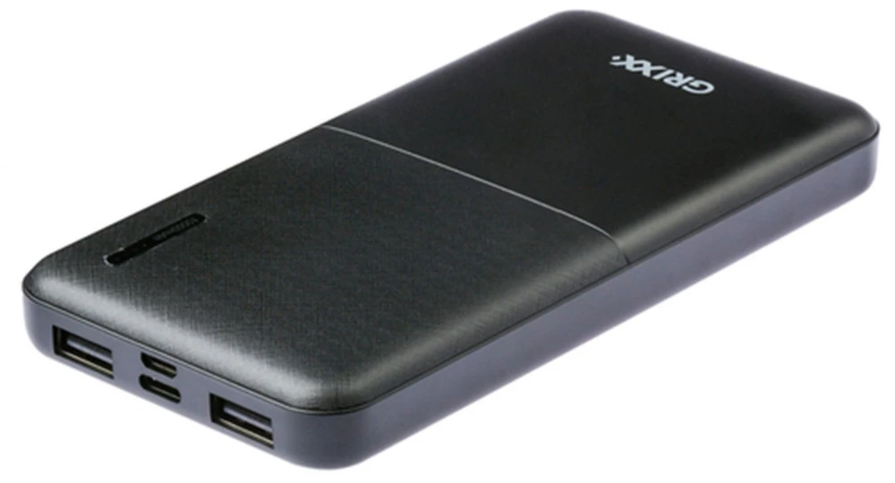 „Grixx“ nešiojamoji baterija, 10000 mAh, su mikro USB ir USB-C, juoda