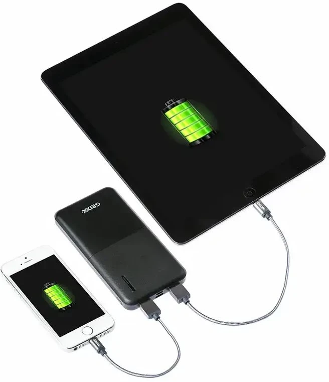 „Grixx“ nešiojamoji baterija, 10000 mAh, su mikro USB ir USB-C, juoda
