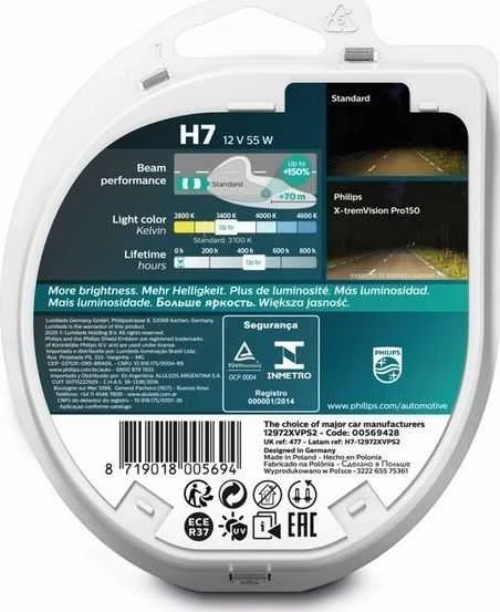 PHILIPS H7 12V 55W PX26d X-tremeVision Pro150 lemputės, 12972XVPS2