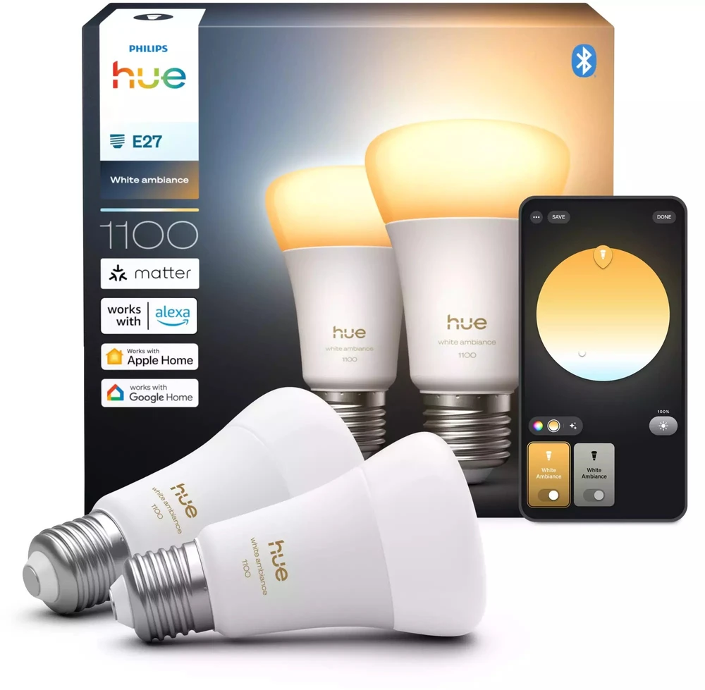Philips Hue WA 1100 A60 2P EU | E27 | 8,1 W | Nuo šiltos iki vėsios baltos šviesos | „Bluetooth“ ir „Zigbee“