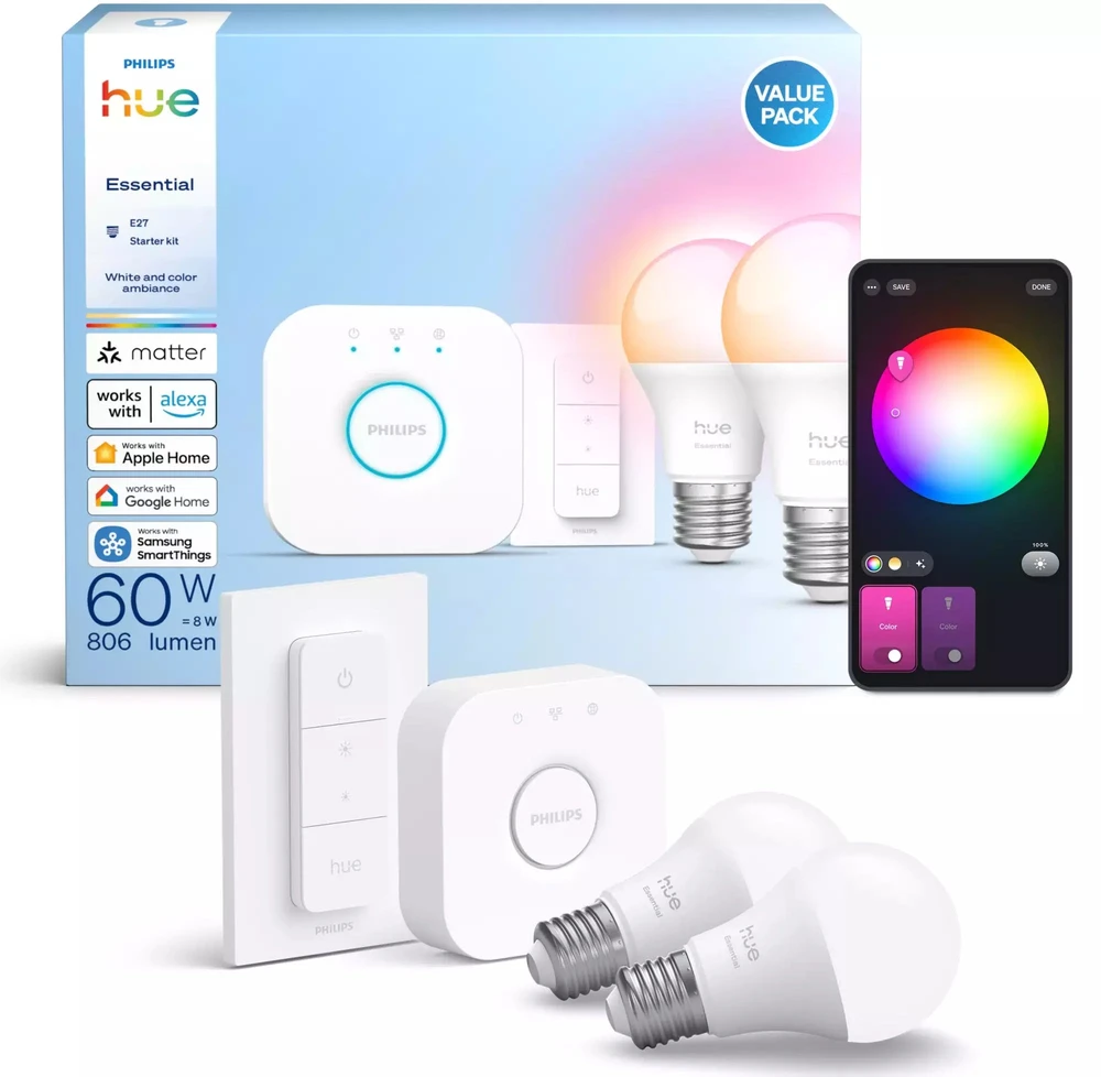 Philips Hue Hue White and Color Ambiance Essential lempučių rinkinys (2x E27 lamputės + jungiklis)