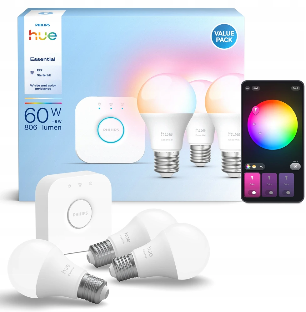 „Philips Hue E WCA 806 A60 E27“ 3 rinkiniai EU | E27 | 8 W | 16 milijonų spalvų, Baltos ir spalvotos šviesos