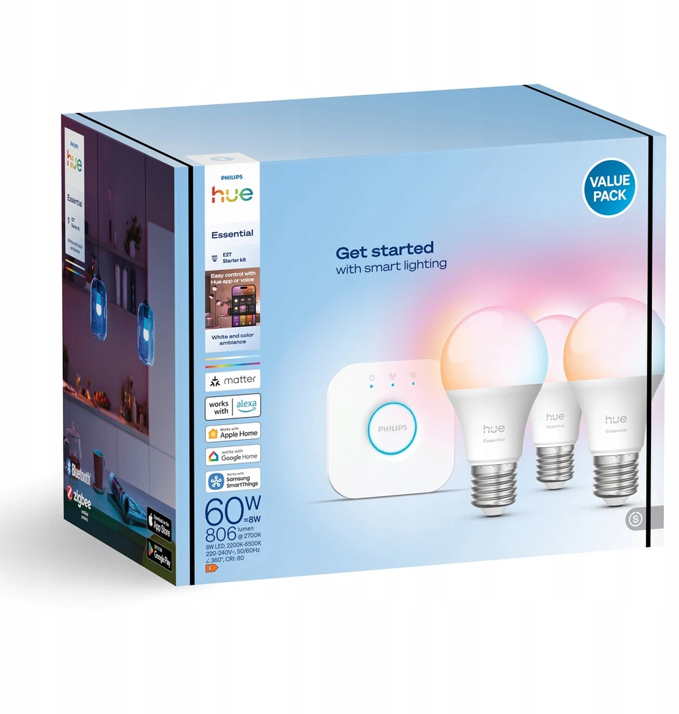 „Philips Hue E WCA 806 A60 E27“ 3 rinkiniai EU | E27 | 8 W | 16 milijonų spalvų, Baltos ir spalvotos šviesos