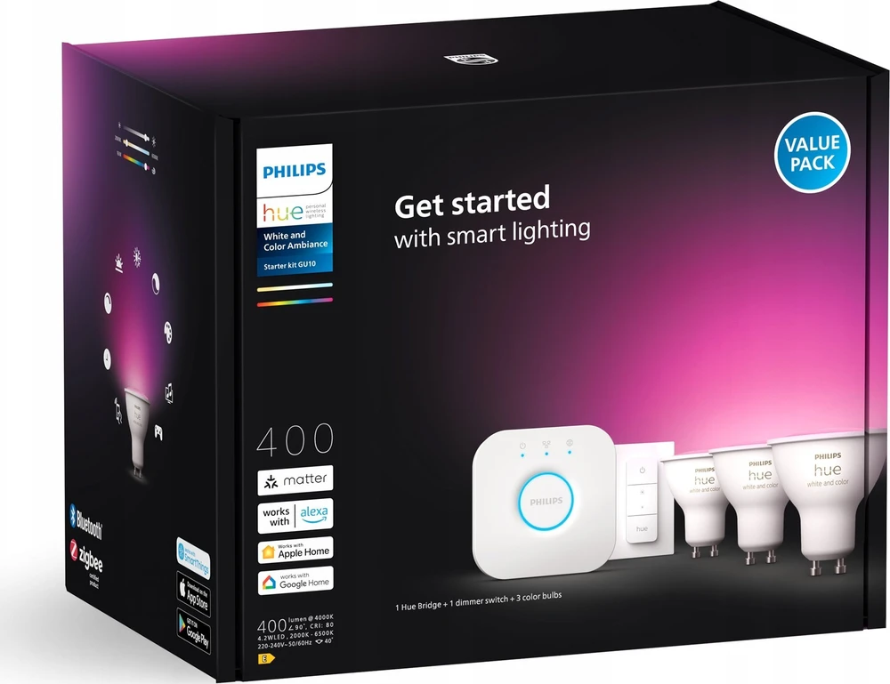 Philips Hue "White and Colour" GU10 Lempučių rinkinys, 3 vnt + reguliatoriaus jungiklis