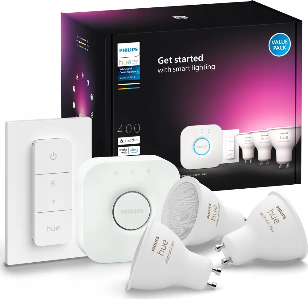 Philips Hue "White and Colour" GU10 Lempučių rinkinys, 3 vnt + reguliatoriaus jungiklis