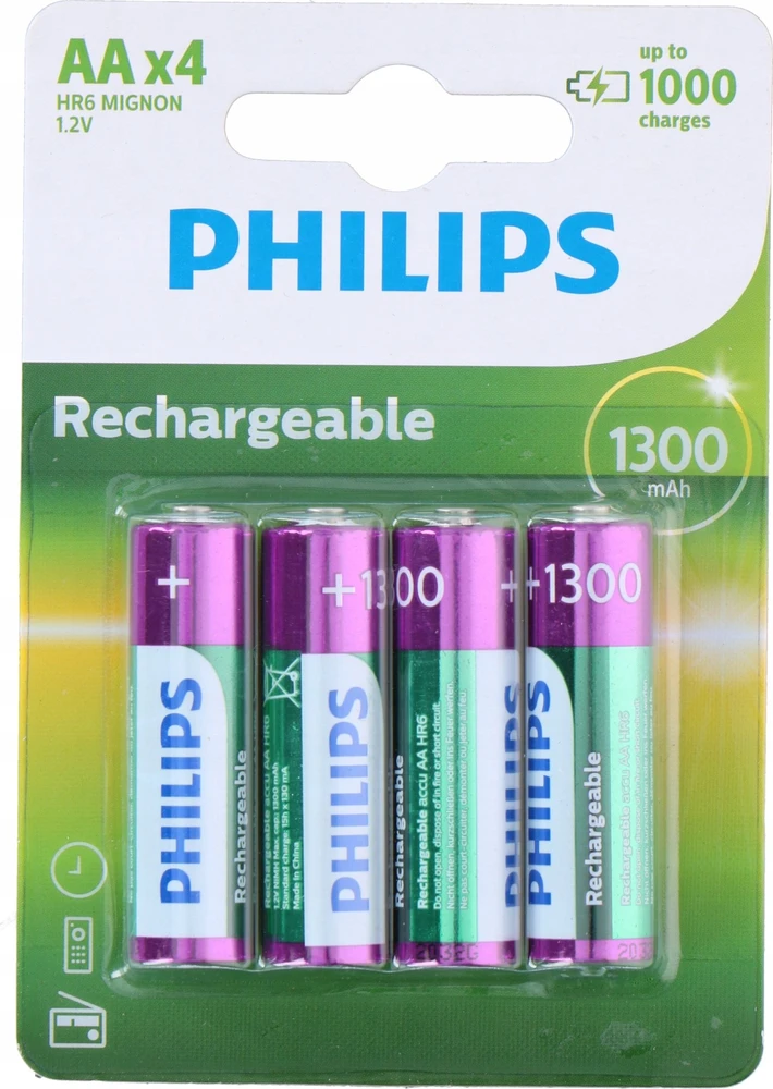 Philips įkraunama baterija R6B4A130/10, Įkraunama baterija, Nikelio-metalo hidrido (NiMH), 1,2 V, 1300 mAh, 2 metai, 78 g