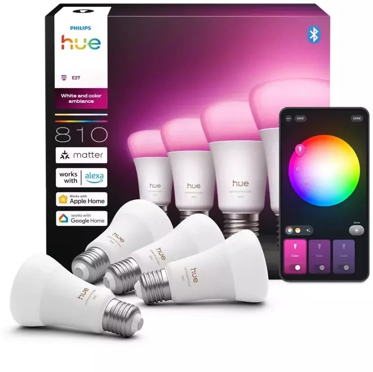 „Philips Hue WCA 810 A60 E27 4P EU“ | E27 | 6 W | Baltos ir spalvotos šviesos | „Bluetooth“ ir „Zigbee“