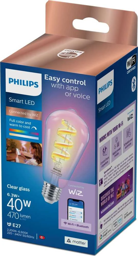 Lemputė Wiz Philips Smart WiFi Filament Clear ST64 RGB | E27 | 6,3 W