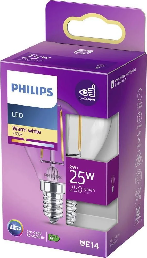 LED lemputė PHILIPS, P45, E14, 2 W, 250 lm, 2700 K