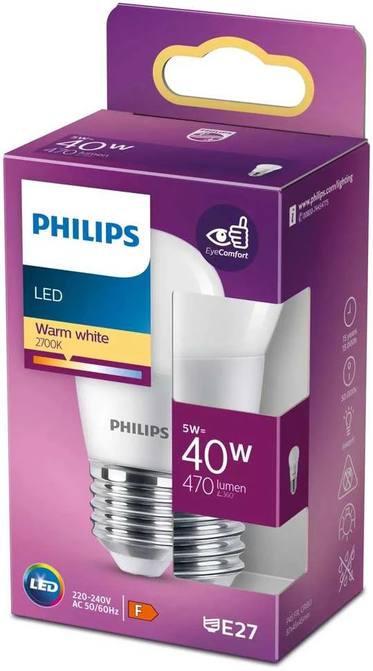 LED lemputė PHILIPS, P45, E27, 5 W, 450 lm, 2700 K
