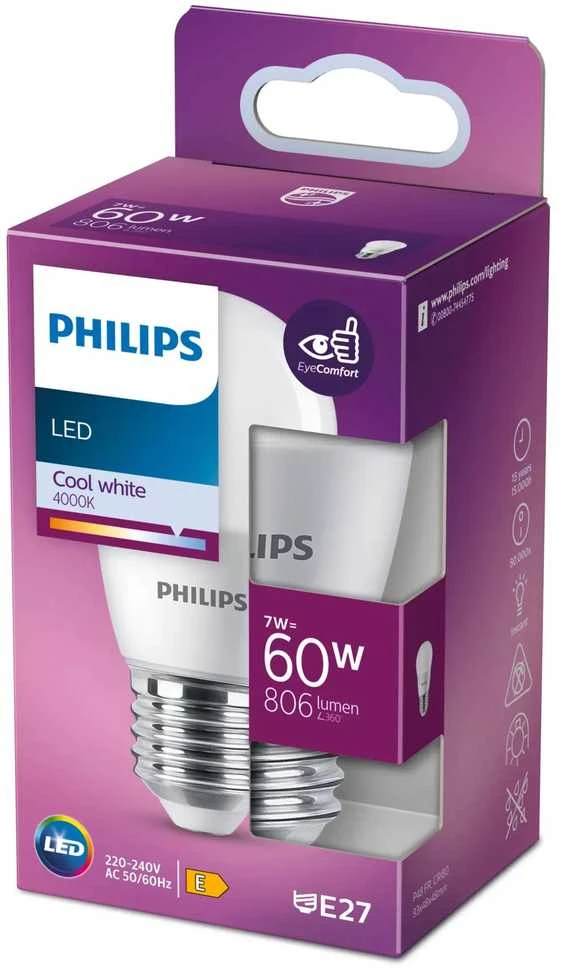 LED lemputė PHILIPS, P48, E27, 7 W, 806 lm, 4000 K