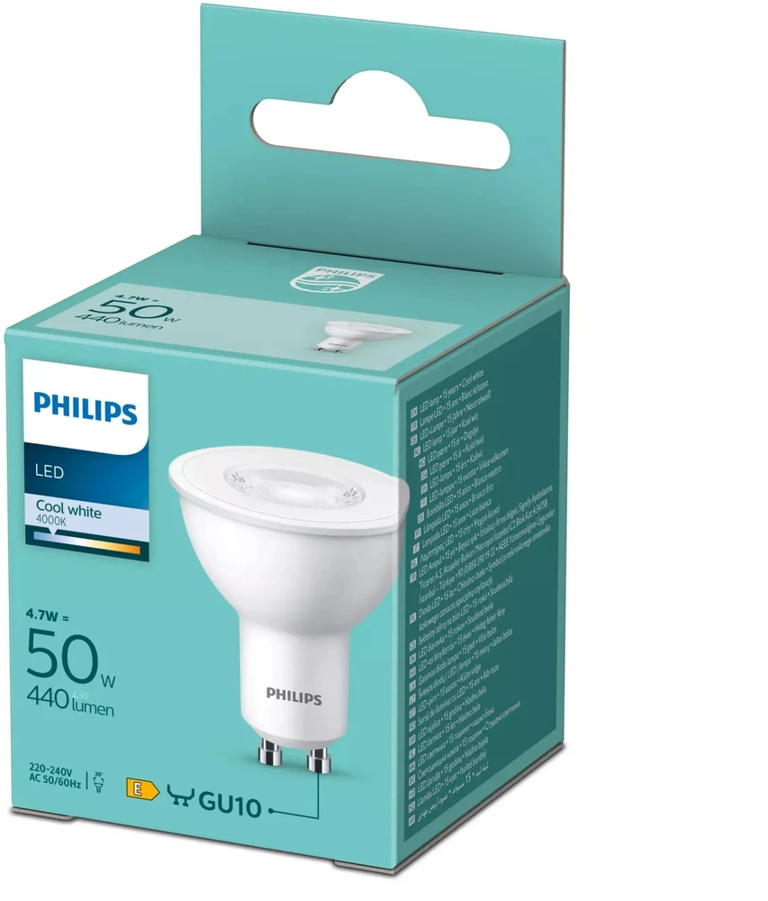LED lemputė PHILIPS, GU10, 4,7W (=50W), 4000K, 430 lm, 36°, NON-DIM, šaltai baltos spalvos