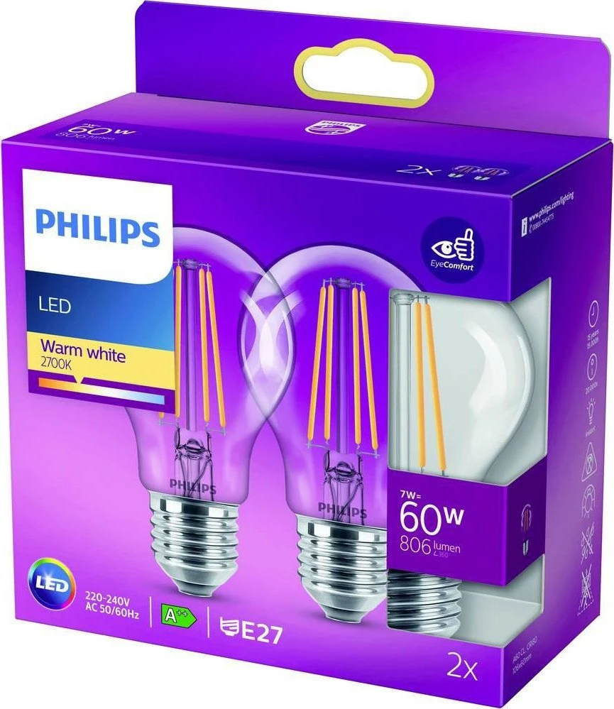 Philips LED lemputė E27, 2 pak. 7W (60W) 2700K 806lm Vintage