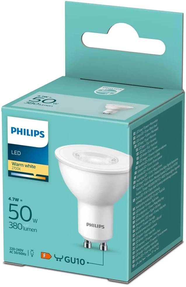 LED lemputė PHILIPS, GU10, 4,7W (=50W), 2700K, 400 lm, 36°, NON-DIM, šaltai baltos spalvos