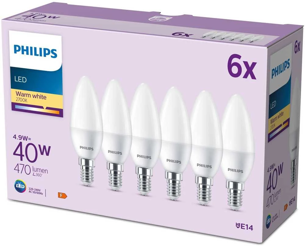 „Philips“ LED klasikinė lempa 40W E14 žvakė šilta 470lm matinė 6 vnt. P