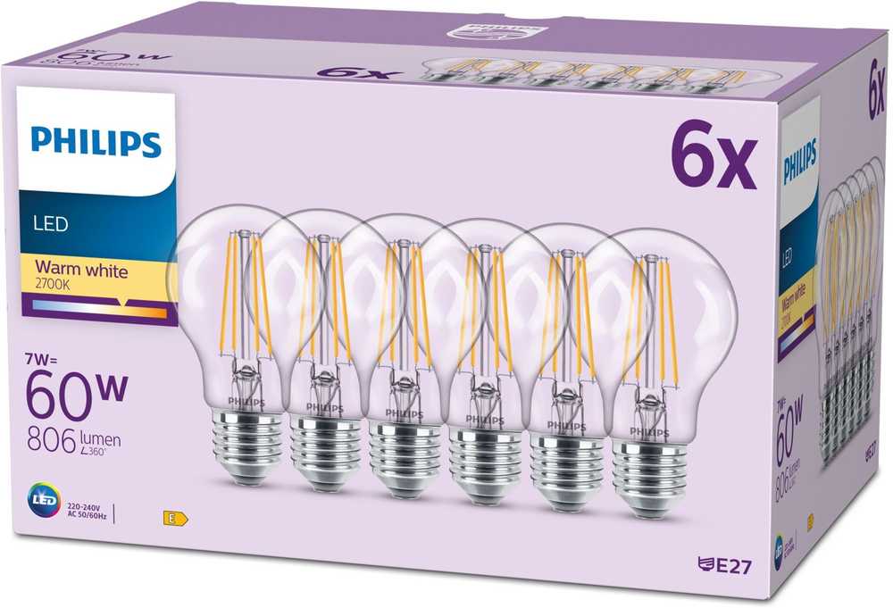 Philips LED klasikinė lempa 60W E27 šiltai balta 806lm matinė 6 vnt. pakuotėje