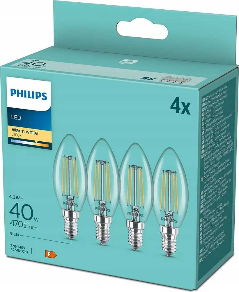 „Philips“ LED lempos E14, 4 vnt. pakuotėje, 40 W, 2700 K, žvakės formos, su kaitrinėmis lemputėmis