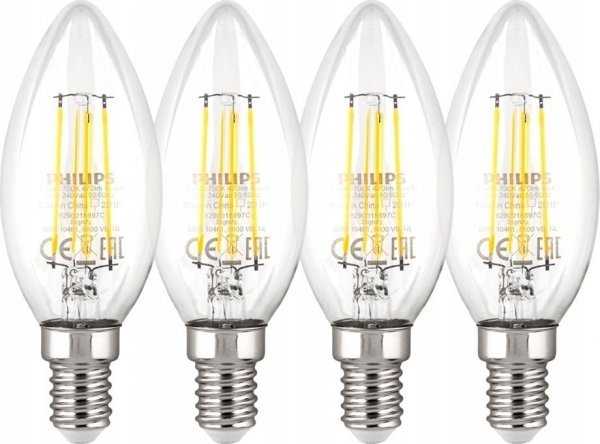 „Philips“ LED lempos E14, 4 vnt. pakuotėje, 40 W, 2700 K, žvakės formos, su kaitrinėmis lemputėmis